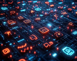 Leinwandbilder - 3D rendering of social network connections, featuring digital user symbols linked by dynamic lines on a dark blue abstract background, illustrating modern technology