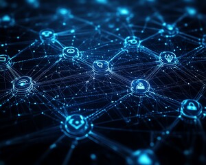 Leinwandbilder - 3D rendering of social network connections, featuring digital user symbols linked by dynamic lines on a dark blue abstract background, illustrating modern technology