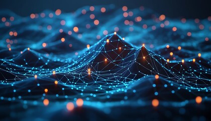 Poster - 3D visualization of social network connections with digital user symbols, interconnected by lines on a dark blue abstract background, emphasizing technology
