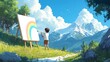 © Sakdecha - 2D cartoon of a young artist painting a rainbow on a canvas outdoors.--ar 16:9