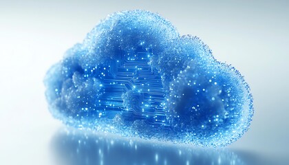 Leinwandbilder - Cloud upload icon with digital blue circuit lines on a white background, representing data transfer technology, 3D rendering