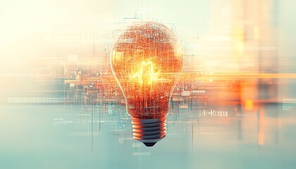 Leinwandbilder - Digital lightbulb with intricate circuitstyle patterns, abstract light streaks, and binary code on a white background, symbolizing innovation and ideas, 3D rendering