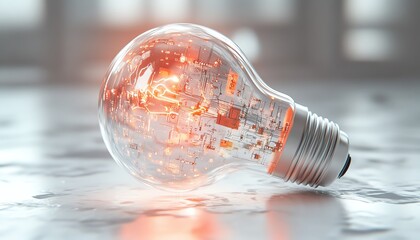 Leinwandbilder - Digital lightbulb with intricate circuitstyle patterns, abstract light streaks, and binary code on a white background, symbolizing innovation and ideas, 3D rendering