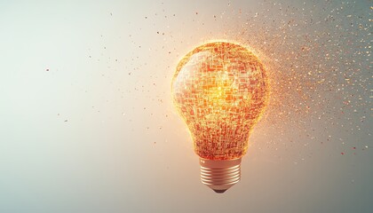 Poster - Digital lightbulb with intricate circuitstyle patterns, abstract light streaks, and binary code on a white background, symbolizing innovation and ideas, 3D rendering
