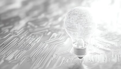 Leinwandbilder - Digital lightbulb with intricate circuitstyle patterns, abstract light streaks, and binary code on a white background, symbolizing innovation and ideas, 3D rendering