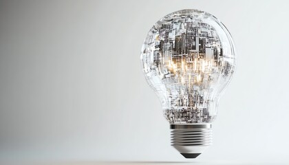 Leinwandbilder - Digital lightbulb with intricate circuitstyle patterns, abstract light streaks, and binary code on a white background, symbolizing innovation and ideas, 3D rendering