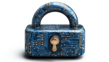Aufkleber - Digital padlock icon with blue circuitry patterns, minimalistic style, white background, symbolizing virtual protection and cybersecurity, 3D rendering