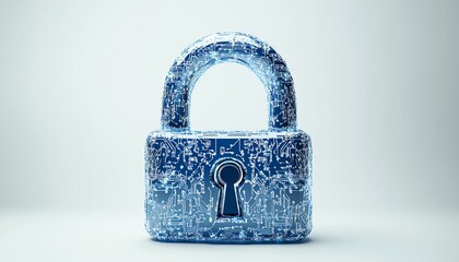 Aufkleber - Digital padlock icon with blue circuitry patterns, minimalistic style, white background, symbolizing virtual protection and cybersecurity, 3D rendering