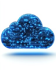 Poster - Futuristic digital cloud upload icon with blue circuit lines, minimalistic style, on a white background, representing data transfer and technology, 3D rendering