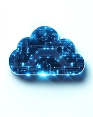 Poster - Futuristic digital cloud upload icon with blue circuit lines, minimalistic style, on a white background, representing data transfer and technology, 3D rendering
