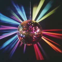 Wall Mural - disco ball reflecting colorful light rays in dark setting.