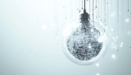 Poster - Futuristic digital lightbulb with abstract circuit patterns, binary code, and glowing light trails on a white background, symbolizing new ideas, 3D rendering