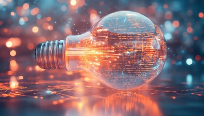 Poster - Futuristic digital lightbulb with abstract circuit patterns, binary code, and glowing light trails on a white background, symbolizing new ideas, 3D rendering