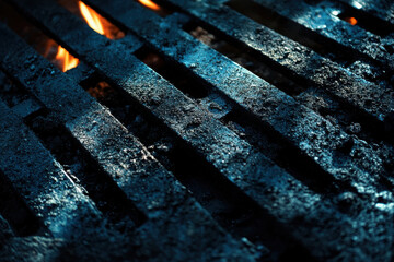 Close-up of a metallic grill with flames, suggesting cooking or grilling.