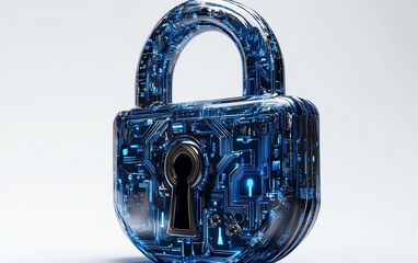 Leinwandbilder - Futuristic digital padlock icon with blue circuitry lines, minimal design, and white background, symbolizing tech security, 3D rendering
