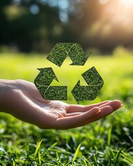 Wall Mural - A young woman s hand presenting a recycling symbol icon on green grass, with a bright, sunny environment representing ecofriendly conservation efforts