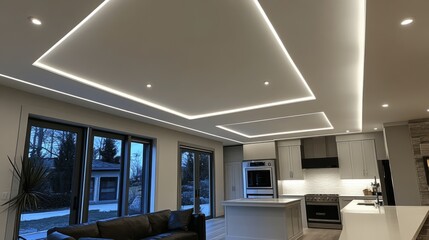 Poster - Linear LED lighting embedded in a living room ceiling, creating a bright and streamlined effect in a spacious open-concept home