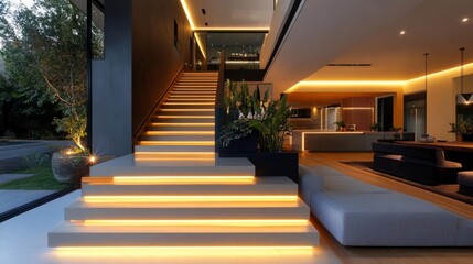 Poster - Linear LED strips lighting a modern staircase, enhancing the streamlined design of the open-concept interior
