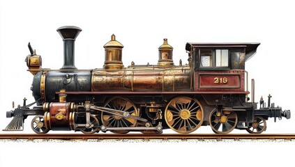 Vintage steam locomotive, number 218, side view on white background.