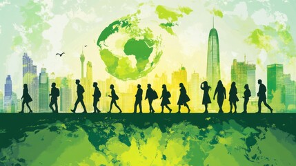 Diverse People in a Green Cityscape Silhouette