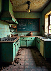 Wall Mural - Vintage, abandoned kitchen with old furniture, dirty tiles, and a chalkboard. Perfect for rustic, nostalgic, or horror themes. new image 