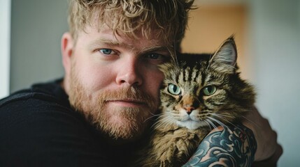 Poster - A man with tattoos hugs a large fluffy cat. AI.