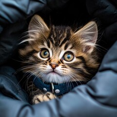 Wall Mural - A cute kitten snuggles in a warm jacket. AI.