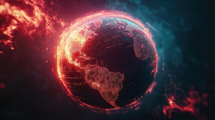 Poster - Glowing Earth in Digital Space with Bright Neon Elements