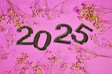 Wall Mural - golden numbers 2025 two thousand twenty five new year with yellow gypsophila flowers on pink background