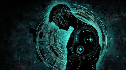 Poster - Futuristic Human Silhouette with Digital Data and Technology Elements