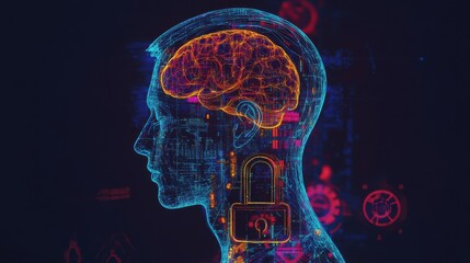 Poster - Human Head Profile with Digital Brain and Security Lock Concept