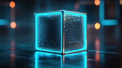 Poster - Futuristic Neon Cube with Blue Light and Geometric Highlights