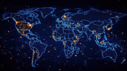 Poster - Global Network Concept with Lights Over Detailed World Map