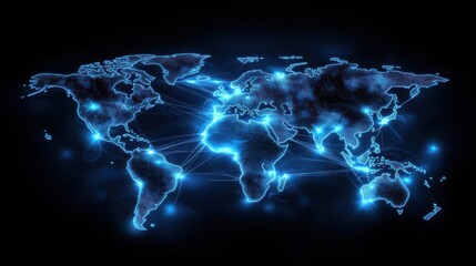 Poster - Futuristic Digital World Map with Neon Connections and Glow Effects