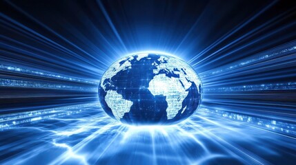 Poster - Glowing Earth Surrounded by Dynamic Blue Light Rays and Patterns