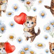 © Atcharasiri - Cute Kitten with Heart Balloon Seamless Pattern