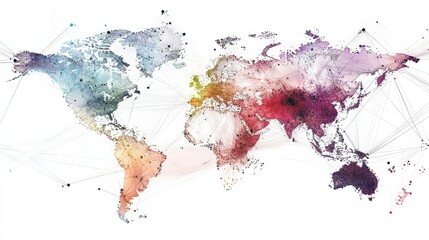 Poster - Colorful Abstract World Map with Connection Lines and Dots