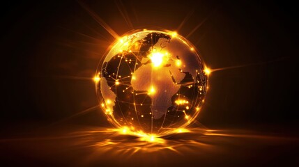Poster - Golden Networked Globe with Bright Lights on Dark Background