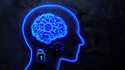 Poster - Neon Brain Illustration with Lock and Gears Symbolizing Security