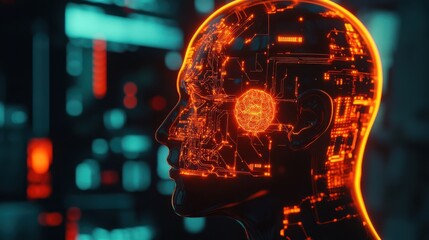 Poster - Human Cybernetic Head with Glowing Circuitry and Neon Highlights