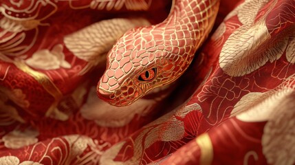 Poster - A festive banner featuring a red and gold snake with intricate patterns, celebrating the Year of the Snake in 2025.