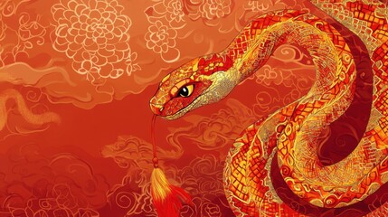 Poster - A festive banner featuring a red and gold snake with intricate patterns, celebrating the Year of the Snake in 2025.