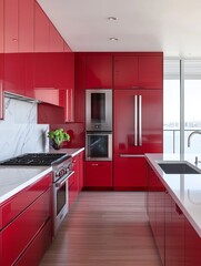 Wall Mural - Modern Red Kitchen With Stainless Steel Appliances