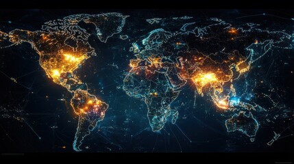 Poster - Detailed World Map With Bright Lights and Network Connections