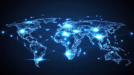 Poster - Digital World Map with Glowing Network Connections in Blue