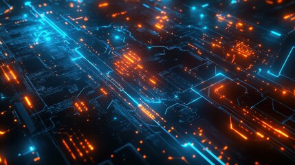 Poster - Futuristic Digital Circuit Board with Neon Lights and Patterns