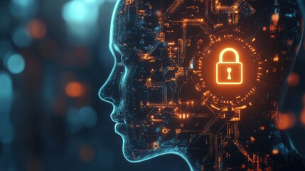 Poster - Futuristic Human Profile with Digital Lock and Circuit Pattern Design