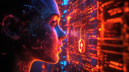 Poster - Futuristic Woman Engaging with High-Tech Digital Security Interface