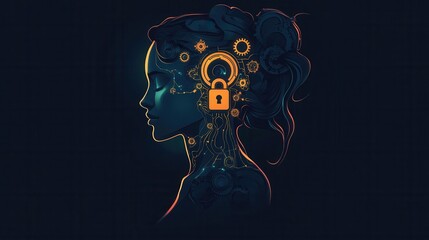 Poster - Profile of a Woman with Technology Elements and Lock Symbol Design