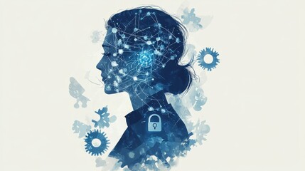 Poster - Abstract profile silhouette with digital network and gears concept